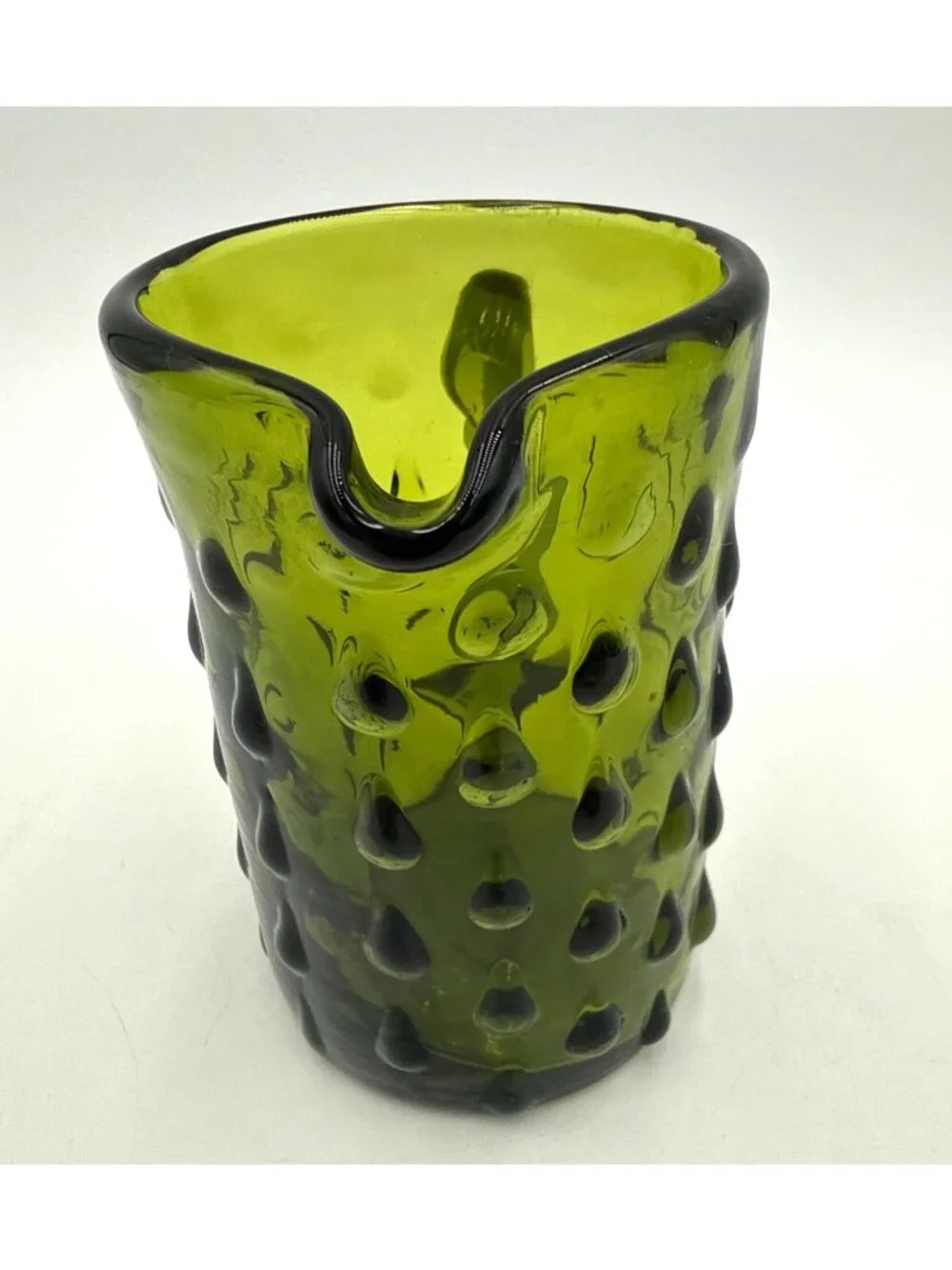 Vtg Handled Small Blown Art Glass Teardrop Pattern Avocado Green Pitcher/Creamer